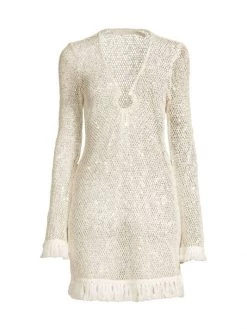 Ramy Brook Cassie Crochet Embellished Fringe-Trim Minidress